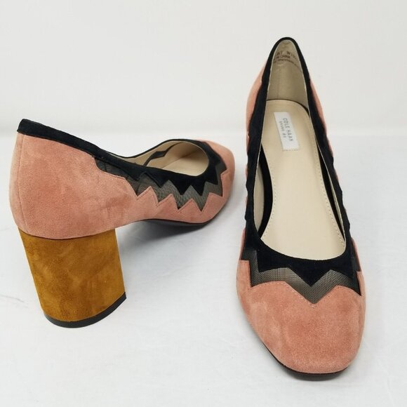 NEW Cole Haan Women's 7.5 Pin-up Heels Retro Black Pink Suede Mesh Cutout Glamor - Picture 1 of 13